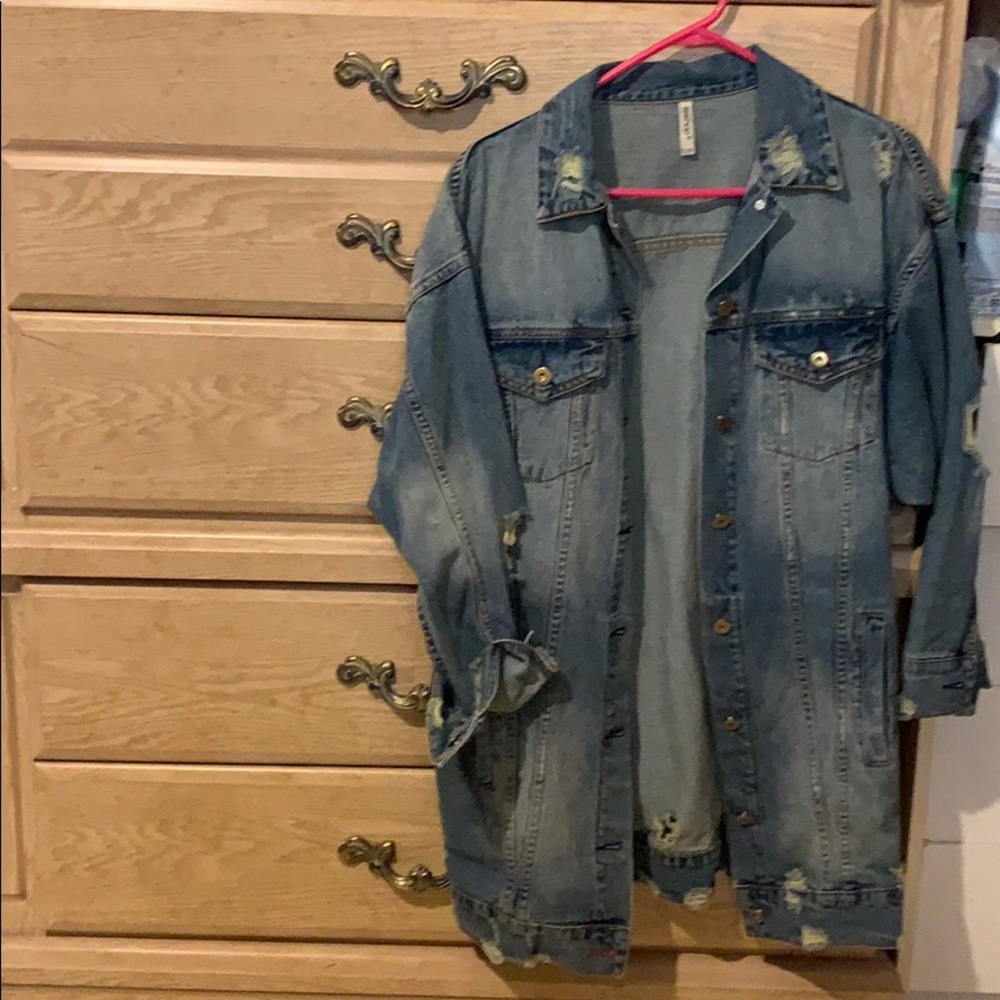 Long distressed denim jacket